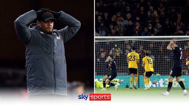 Left: Burnley manager Vincent Kompany during the Premier League match at Molineux Stadium, Wolverhampton. Picture date: Tuesday December 5, 2023; right: Burnley&#39;s Josh Brownhill reacts to a missed chance during the Premier League match at Molineux Stadium, Wolverhampton. Picture date: Tuesday December 5, 2023.