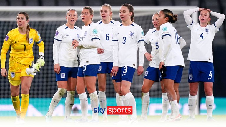 England players react at the end of the UEFA Women&#39;s Nations League Group A1 match at Hampden Park, Glasgow, after failing to advance to the Nations League finals and secure Paris 2024 Olympic qualification following the result of the Nations League match between the Netherlands and Belgium. Picture date: Tuesday December 5, 2023.