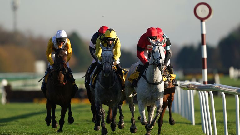 Runners and riders in action during The Betfair Exchange Graduation Chase during Betfair Chase Day at Haydock 