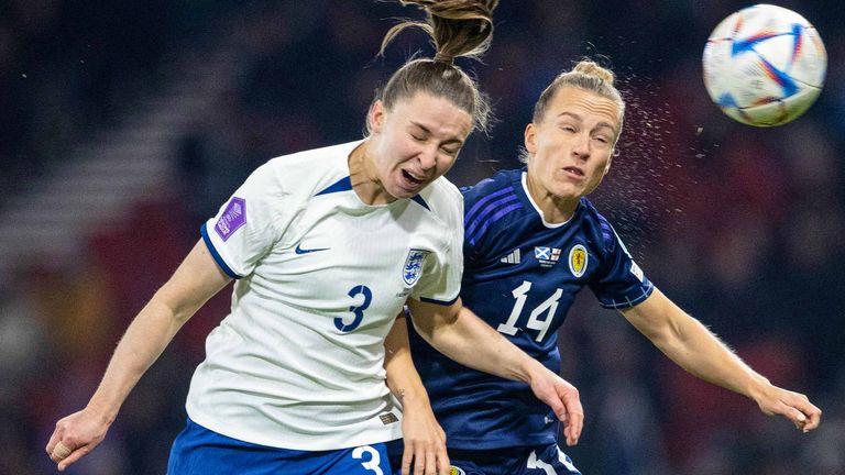 Scotland&#39;s Rachel McLauchlan and England&#39;s Niamh Charles in action